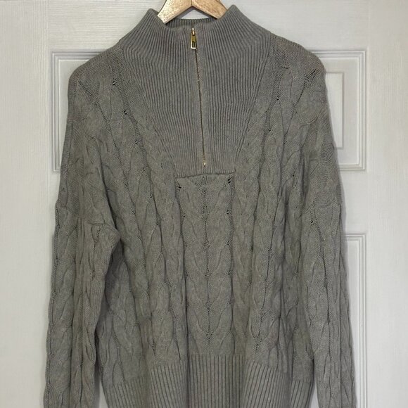 Grey Cable Knit Half Zip Sweater by Land's End (Size: Lg) - Picture 1 of 5